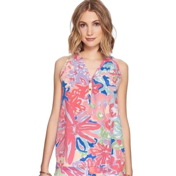 Lily Pulitzer Bailey Multi Playa Hermosa Vibrant Floral Silk Top Size Small - Picture 2 of 8